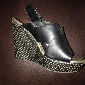 Black and Gold Wedge Sandals.